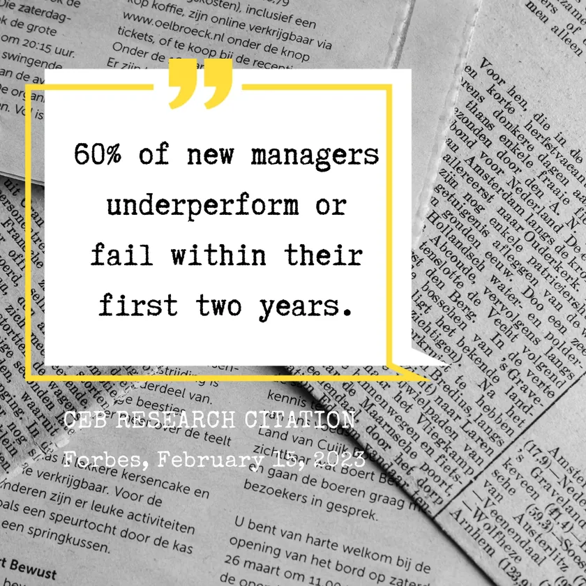 Quote card: 60% of new managers underperform or fail within their first two years. CEB research, cited in Forbes, February 15, 2023.